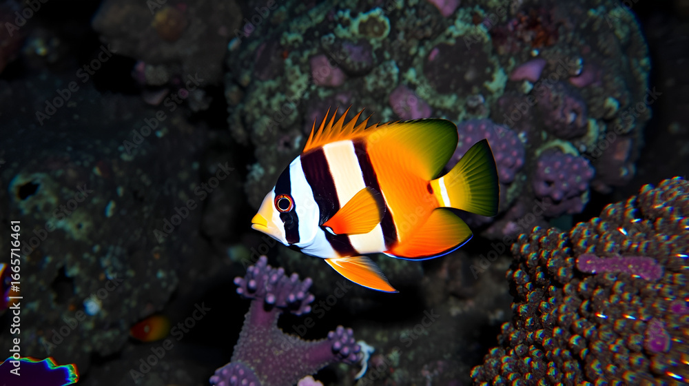 Fototapeta premium A brightly colored queen angelfish in clearly identifiable against the dark backdrop of the reef at that time of day