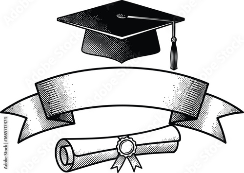Graduation cap diploma banner vector clip art illustration
