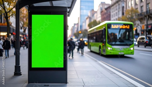 Green screen bus stop ad city.