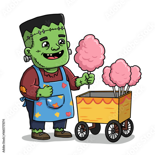 Smiling Frankenstein-style character in flowered apron holds pink cotton candy beside a bright yellow-orange cart.