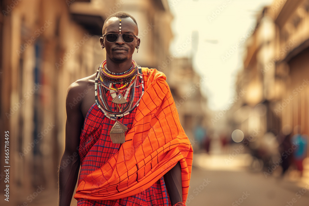 Fototapeta premium Maasai in traditional shuka with jewelry and sunglasses on city street