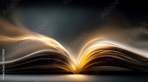 An open book with glowing pages dramatically rising upwards, bathed in golden and white light against a dark background,