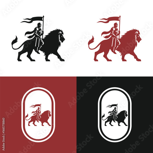 Vector Silhouette Set of Knight Riding a Lion