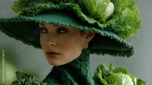 model presents an innovative green ensemble adorned with vegetable motifs, featuring a striking hat and detailed fabric. The indoor atmosphere enhances the creative design