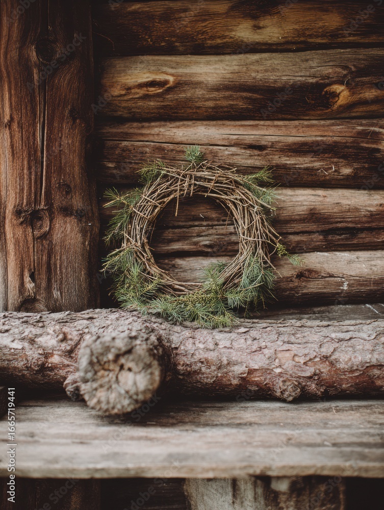 Obraz premium Rustic Wooden Cabin Decor Featuring a Pine Wreath Against a Log Wall in a Natural Setting