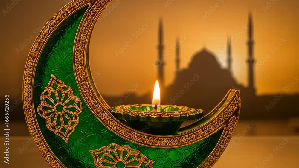 Celebratory green crescent moon with glowing diya lamp against mosque silhouette symbolizing indias milad un nabi eid festivities
