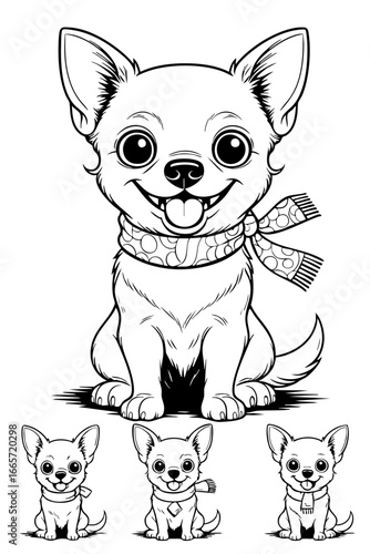 Cute Chihuahua Cartoon Puppy with Scarf – Small Dog Black and White Line Art Coloring Page for Kids