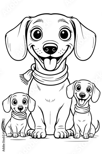 Cute Cartoon Dog Family Line Art Illustration for Coloring Book – Happy Puppy and Puppies Black and White Outline