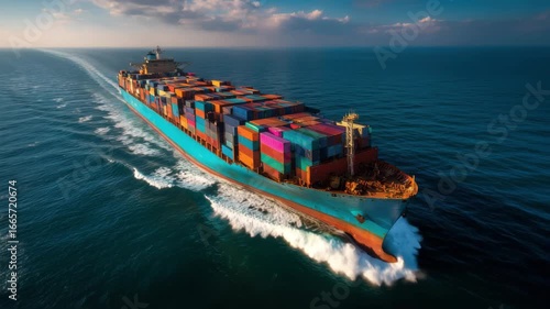  large container ship sails through blue waters, transporting cargo across the sea as the sun sets on the horizon, creating a vibrant sky and reflecting on the waves