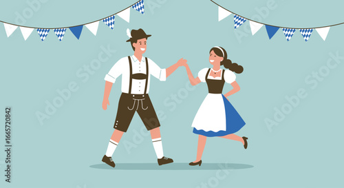 A delightful Flat Design illustration of a happy couple in traditional Bavarian attire, dancing gracefully and full of joy. This image perfectly captures the romantic and festive spirit of Oktoberfest