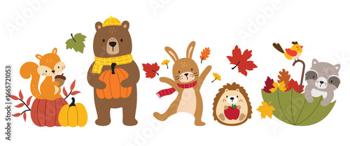 Autumn forest animals vector illustration - bear, squirrel, rabbit, hedgehog, raccoon, and bird - in fall outfits, surrounded by autumn leaves, umbrella, and pumpkins.