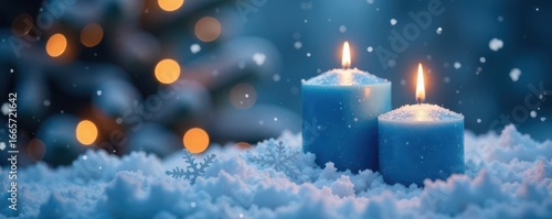 Blue Christmas candles, snowflakes on snowy ground, bokeh background , festive season, glow, winter