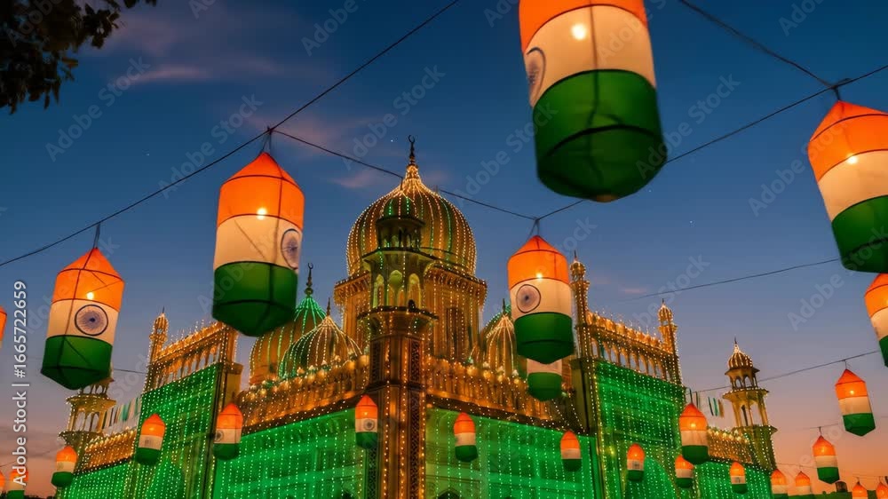 Grand celebration of eid milad un nabi in india majestic architecture adorned with patriotic lanterns and vibrant lights at twilight mawlid maulid