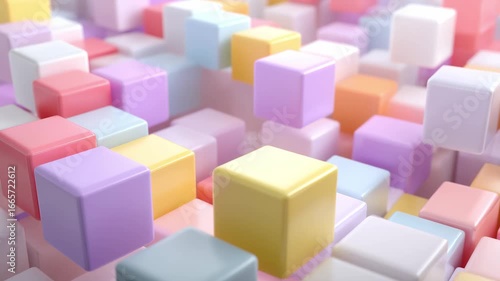Vivid small cubes in various pastel shades are densely packed to form an engaging and colorful display. The arrangement creates a playful visual effect ideal for backgrounds or design projects
