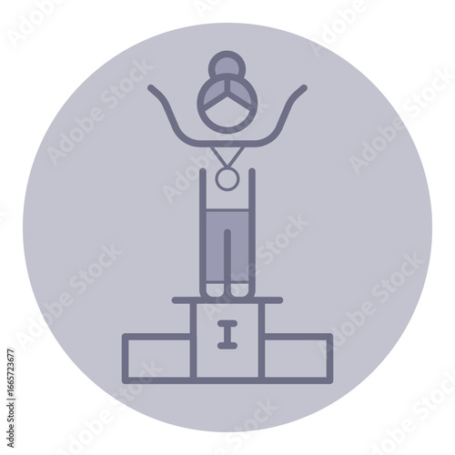 Woman standing triumphantly on podium, arms raised in celebration, wearing medal. Achievement and success in competitive event concept