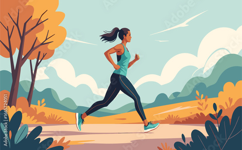 Woman Running Outdoors in an Autumn Landscape.eps