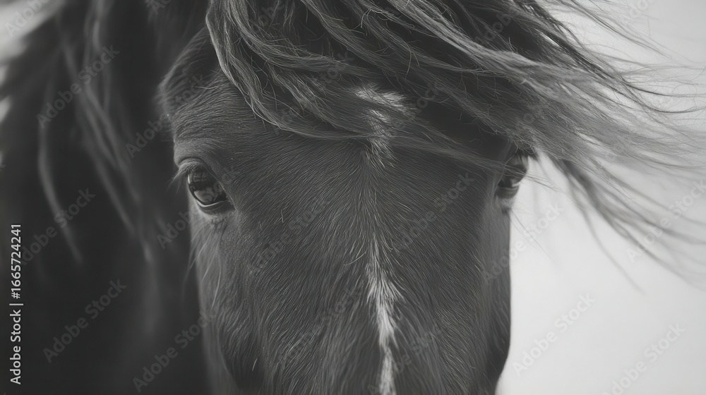 Fototapeta premium Close-up grayscale portrait of a horse's head, showcasing the detail and movement of its flowing mane, and emphasizing the depth of its eye.