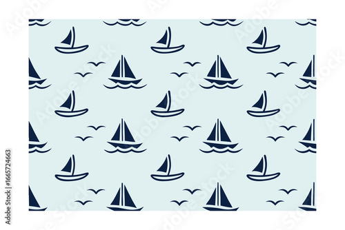Navy blue sailboats seagulls a light blue repeating pattern water ocean