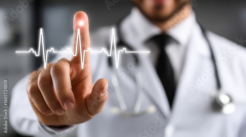 A person in a white lab coat uses a stethoscope while interacting with a touch screen displaying a heartbeat line,