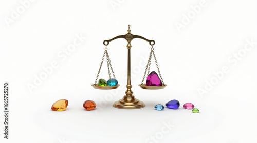 Wallpaper Mural A vintage gold balance scale with colorful gems on a white background, symbolizing value, comparison, and equality isolated on white background Torontodigital.ca
