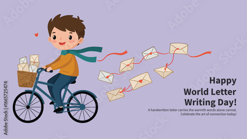 Celebrate World Letter Writing Day with a charming illustration of a boy delivering letters on his bicycle