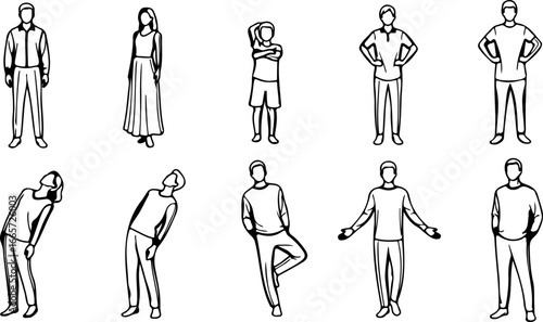 Illustration showing a variety of standing human figures in different poses and clothing styles outlined in black