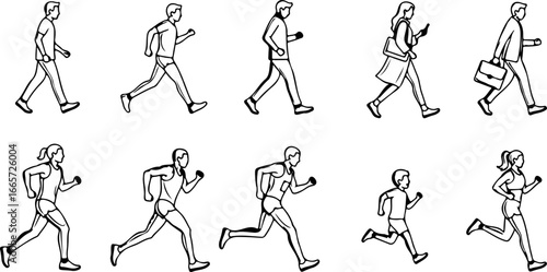 Illustrations of people walking and running in various styles and poses in a black and white drawing