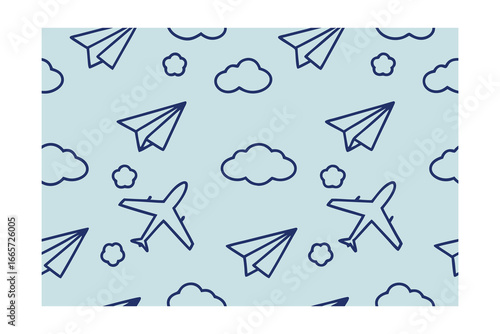 Seamless pattern paper airplanes clouds pastel blue travel