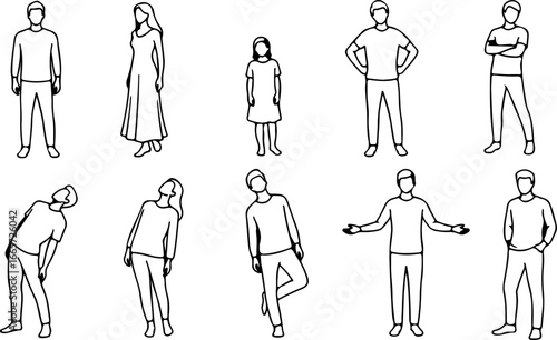 Illustration showing ten different people in various poses standing and stretching in black and white style
