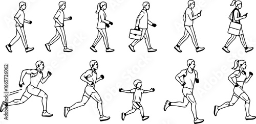 Illustrations of people walking and running in various poses and with different accessories shown in black and white