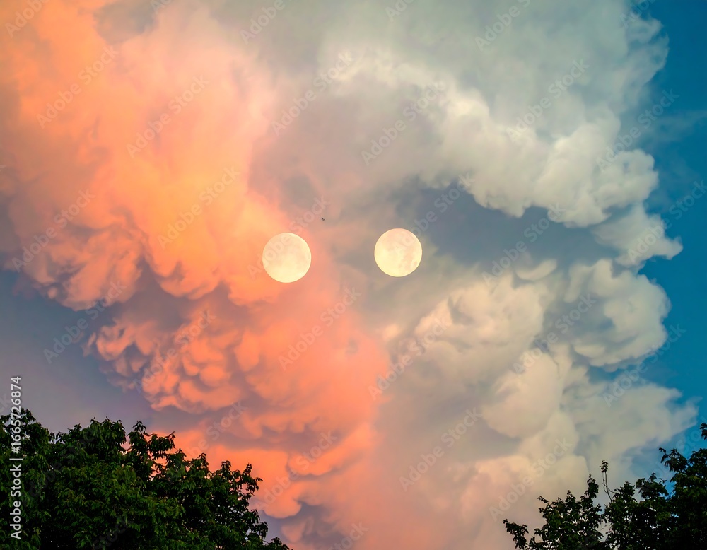 Naklejka premium Double Moon Sunset Sky Cloudscape