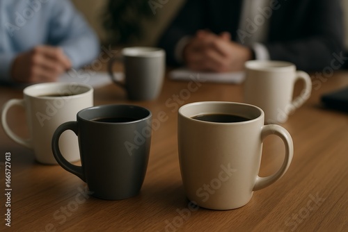 Five mugs of coffee on a wooden table with people in the background