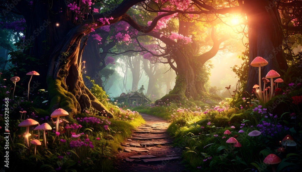 Fototapeta premium A sunlit path winds through a vibrant, magical forest, filled with colorful flowers, glowing mushrooms, and towering trees.