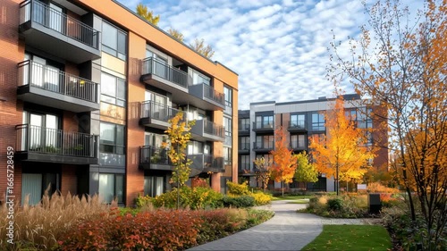 Wallpaper Mural Bright autumn day showcases elegant apartment complex surrounded by vibrant foliage and scenic landscaping Torontodigital.ca