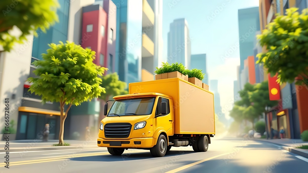 Fototapeta premium 3D render of a yellow delivery truck carrying boxes and green plants in a vibrant city background. Perfect for eco delivery, logistics, shipping, and transportation themes