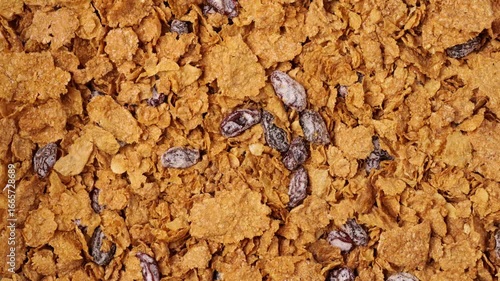 Cornflakes and raisins. Dolly shot.