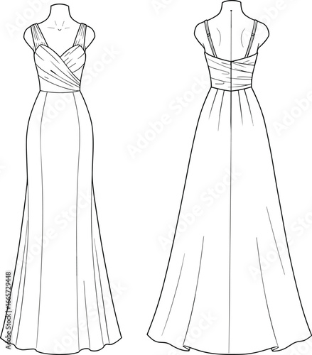  Women's Strapless Cocktail Dress Technical Drawing, Criss-Cross Strap Detail, Fitted Bodice, Modern Apparel Vector, Editable Template for Designers, SEO Maintained, Flat Vector