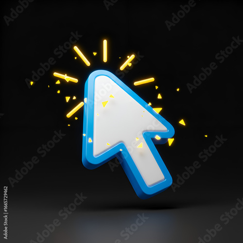 3D Rendered White and Blue Cursor Icon With Yellow Sparkle on Black Background