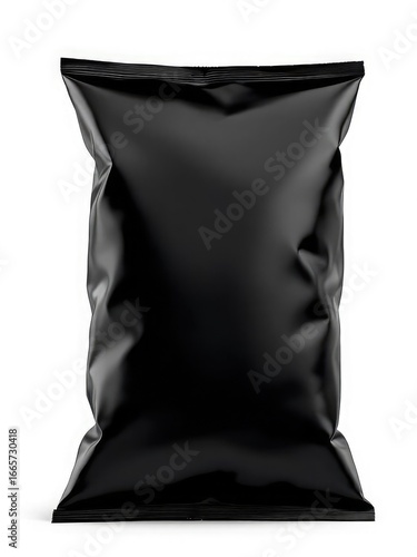 blank food snack bag in black, designed for potato chips The bag is presented upright with a crisp white background The bag's surface exhibits subtle reflections