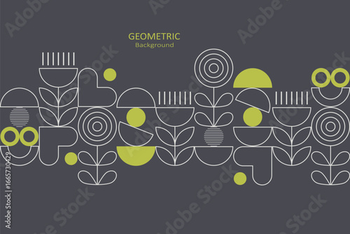 Geometric floral with white and green line art on a gray background, featuring abstract shapes, hearts, and circles with copy space, perfect for minimalist design themes