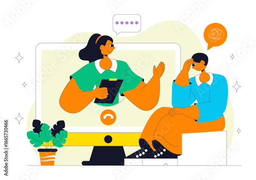 Online Mental Health Support Vector Illustration featuring Therapy Compositions and a Remote Consultation App with Psychological Assistance Service