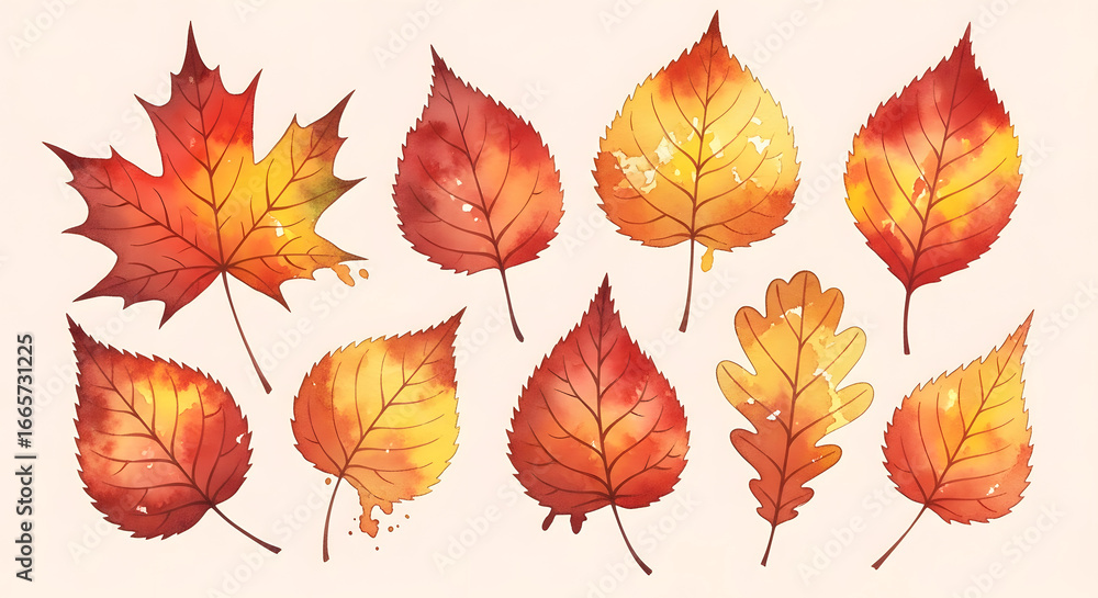 Obraz premium Autumn Watercolor Leaves Collection of Fall Foliage Illustrations