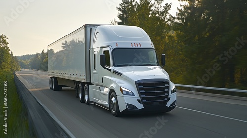 White Freightliner Semi Truck Driving on Highway Surrounded by Trees