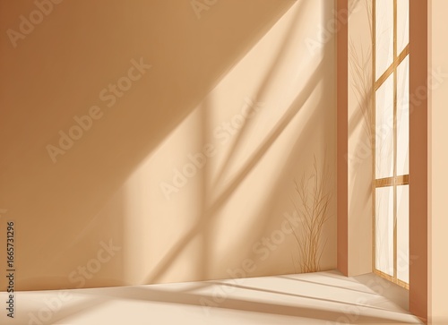 Beige room, sunlit corner, minimalist
