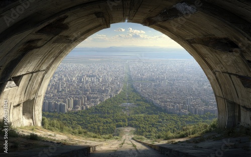 Panoramic city view through arched concrete structure