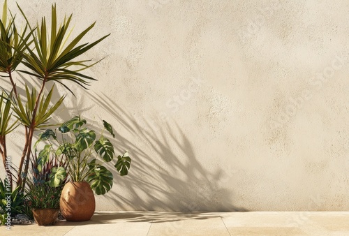 Beige wall with tropical plants casting shadows