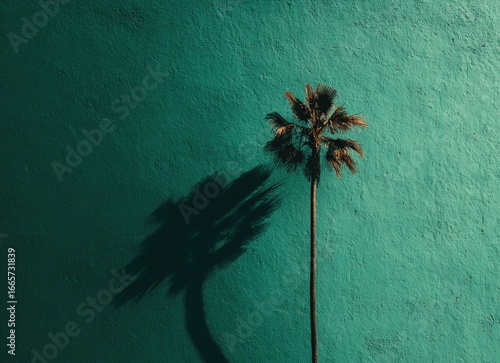 Palm tree casts shadow on teal wall