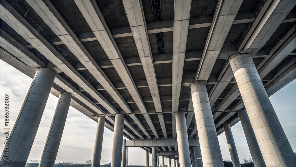Obraz premium A low-angle, wide shot depicts the underside of a concrete overpass under construction, featuring massive horizontal beams supported by thick, cylindrical concrete pillars. The ground beneath is