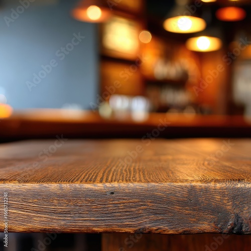 Close-up of a rustic wooden bar top. Blurred background of cafe