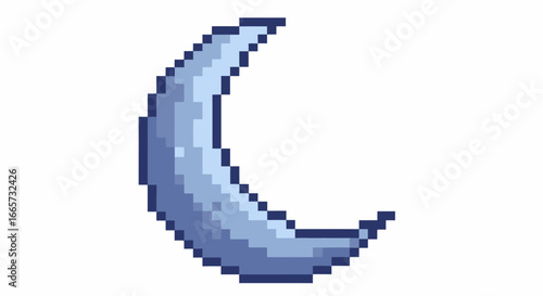 Pixel art crescent moon in shades of blue and white, depicting a celestial body with a retro game aesthetic.